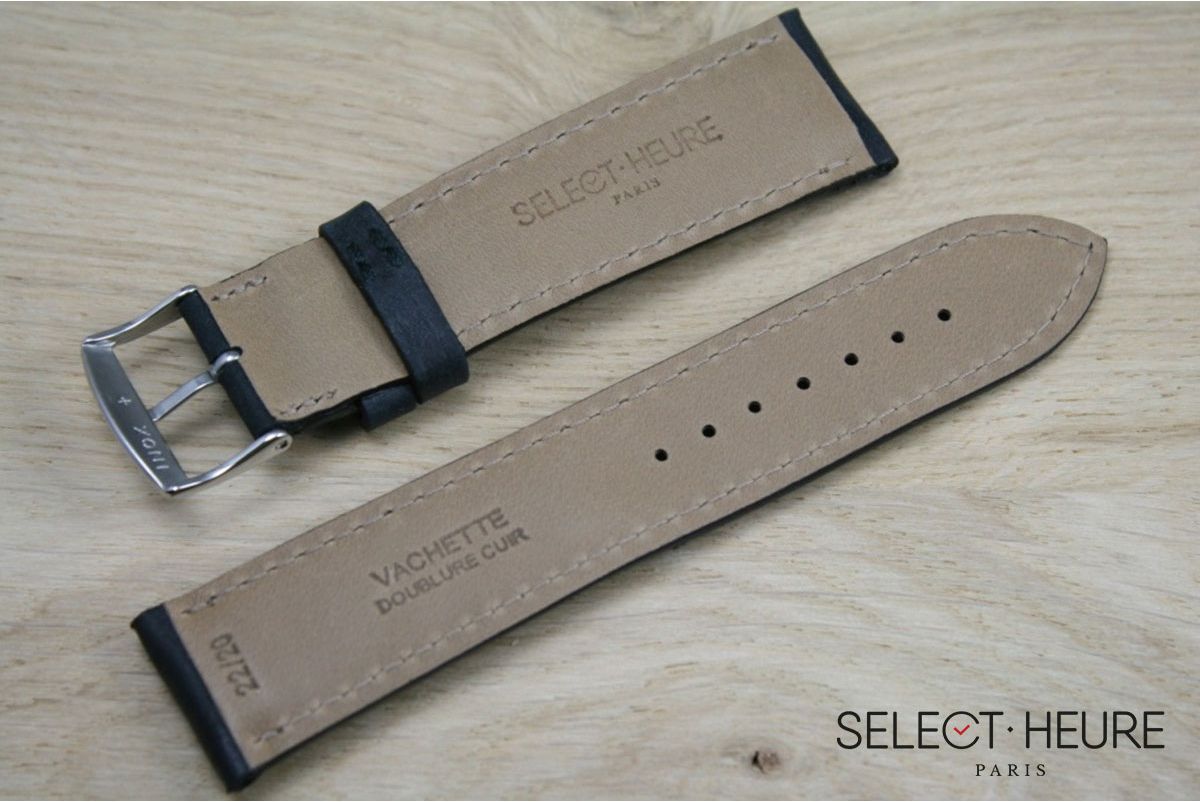 Black bulging SELECT-HEURE leather watch strap, ecru stitching