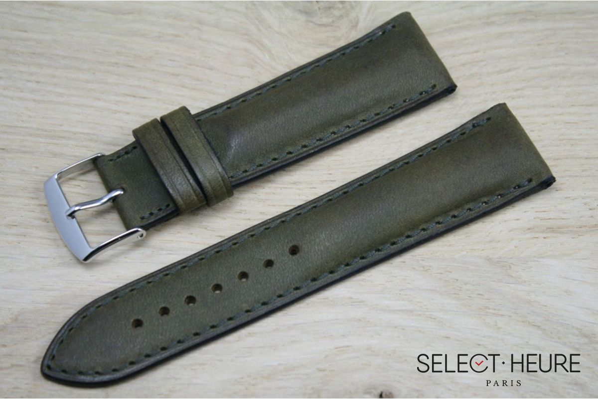 Kaki Green bulging SELECT-HEURE leather watch strap, tone on tone stitching