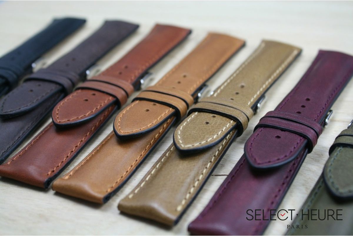 Kaki Green bulging SELECT-HEURE leather watch strap, tone on tone stitching
