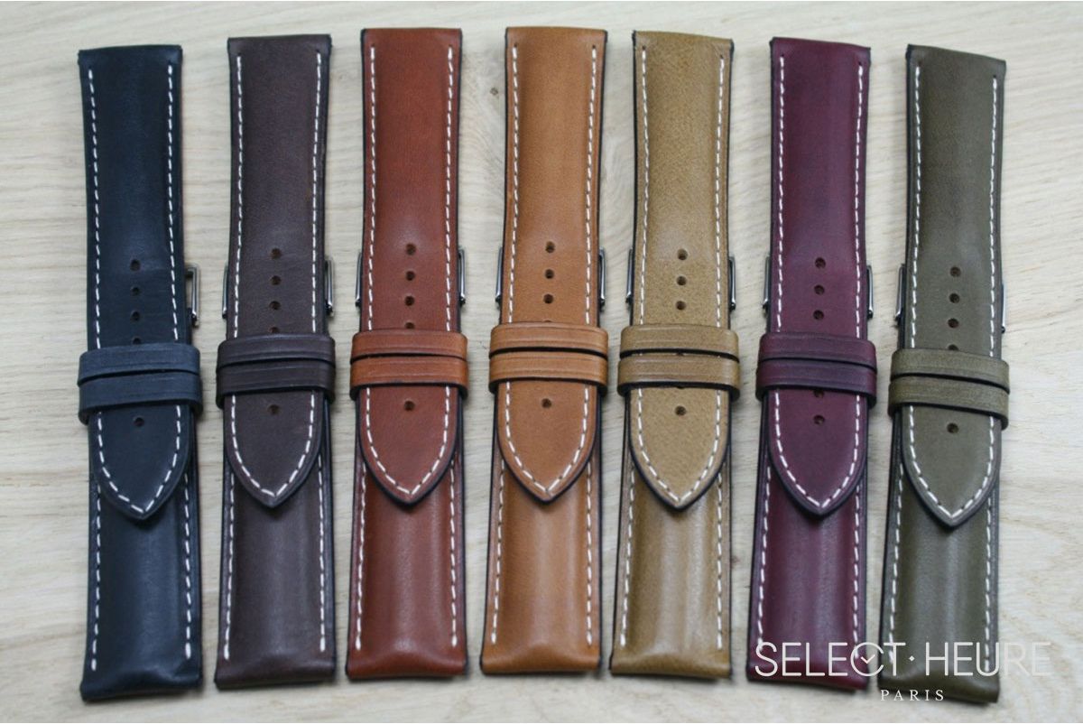 Kaki Green bulging SELECT-HEURE leather watch strap, ecru stitching