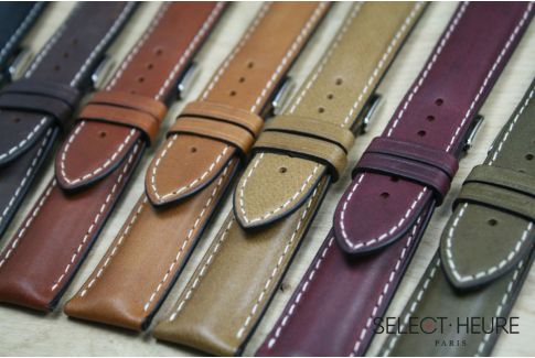 Kaki Green bulging SELECT-HEURE leather watch strap, ecru stitching