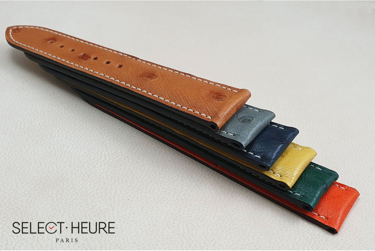 Grey genuine Ostrich SELECT-HEURE leather watch strap, handmade in France