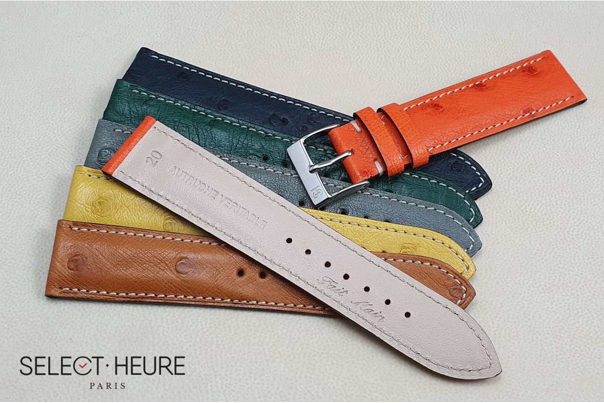 Orange genuine Ostrich SELECT-HEURE leather watch strap, handmade in France