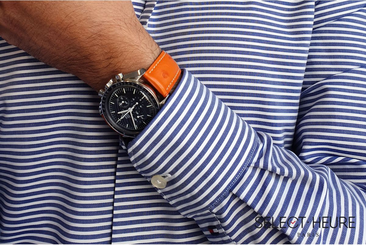 Bracelet montre cuir SELECT-HEURE en Autruche véritable Orange, fait main en France
