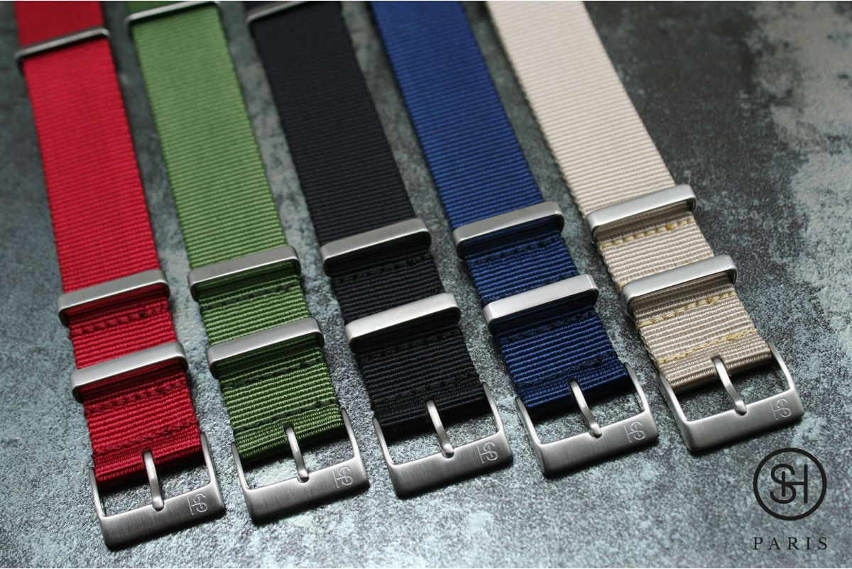 Bracelet montre NATO nylon SELECT-HEURE Noir, boucles carrées acier inox brossé
