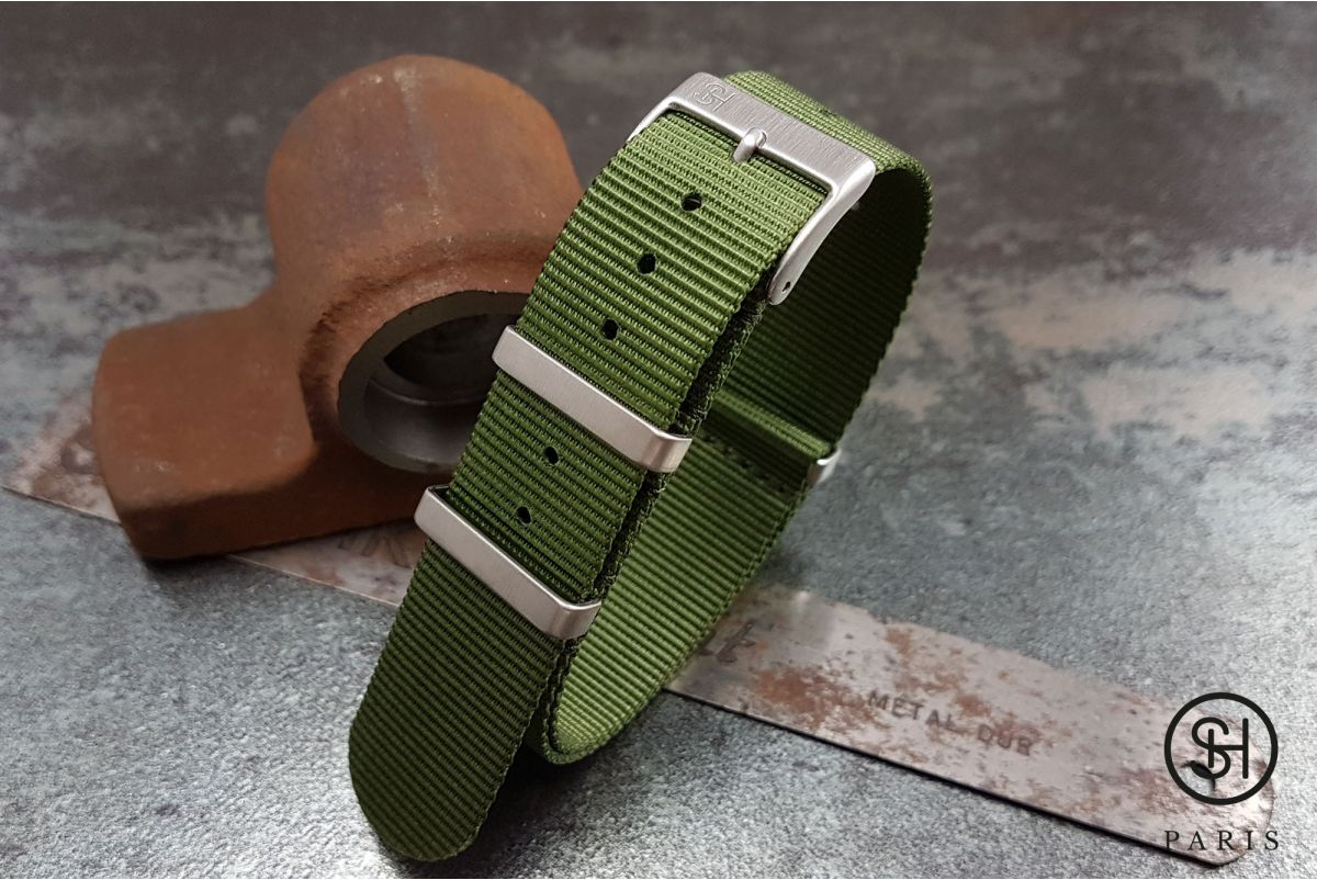 Bracelet montre NATO nylon SELECT-HEURE Vert Militaire, boucles carrées acier inox brossé