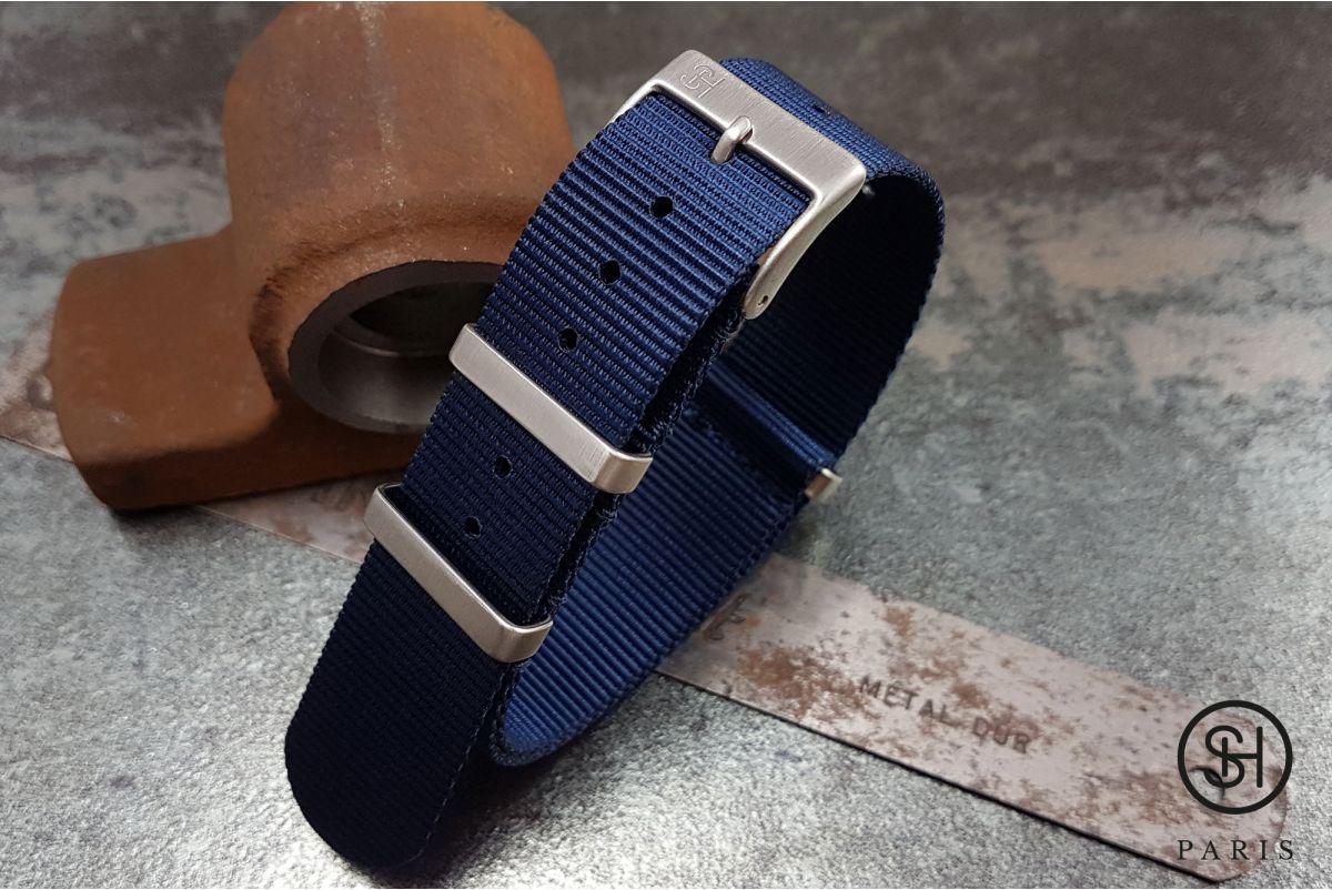 Navy Blue SELECT-HEURE nylon NATO watch strap, square brushed stainless steel buckles