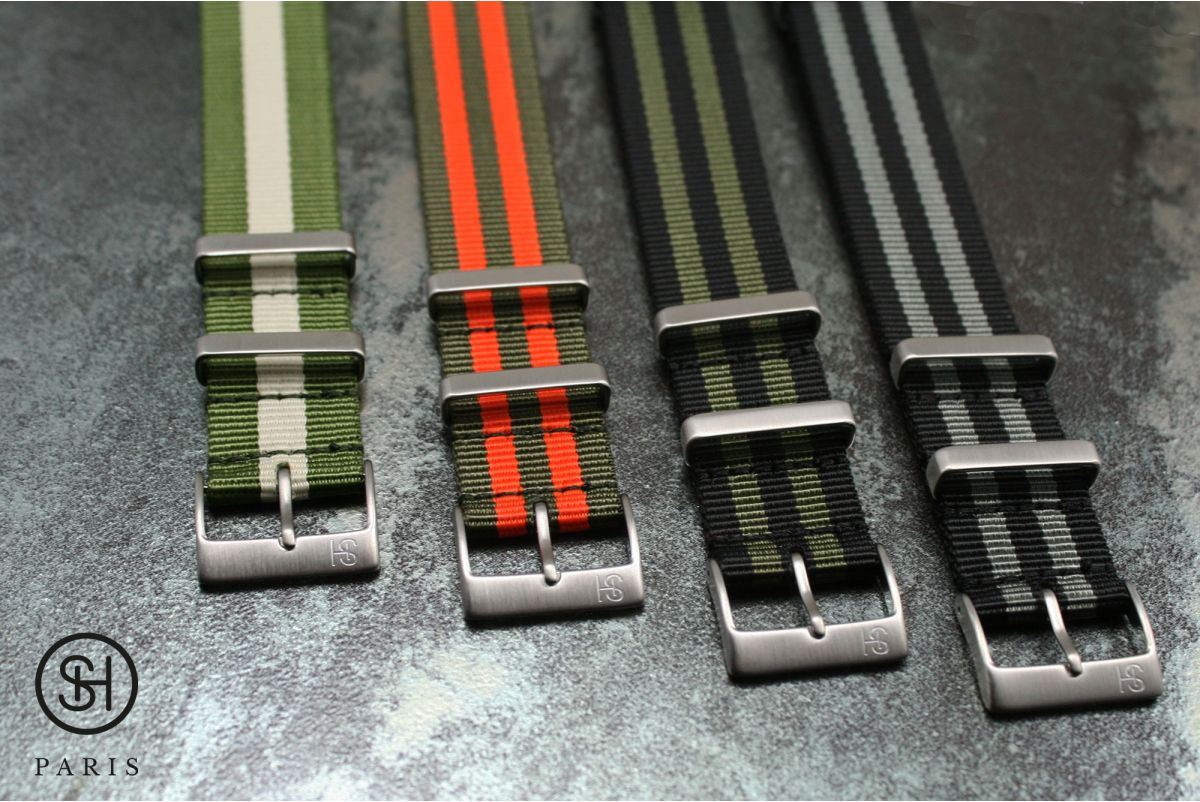 Bracelet montre NATO nylon SELECT-HEURE James Bond Noir Gris (Craig), boucles carrées acier inox brossé