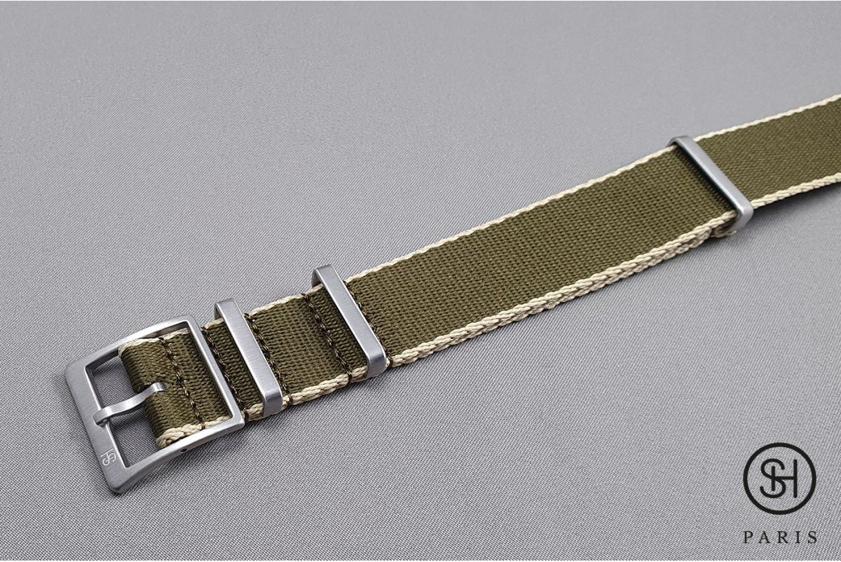 Bracelet montre NATO SELECT-HEURE Allure Olive Sable, nylon épais et boucle haut de gamme