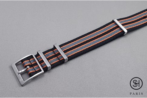 Bracelet NATO SELECT-HEURE Allure, modèle James Bond Noir Gris Orange, nylon épais et boucle haut de gamme