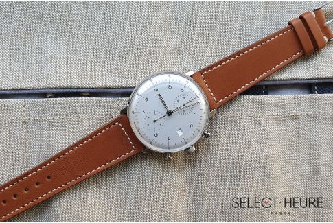 Cognac French Baranil Calfskin SELECT-HEURE leather watch strap, off-white stitching, hand-made in France