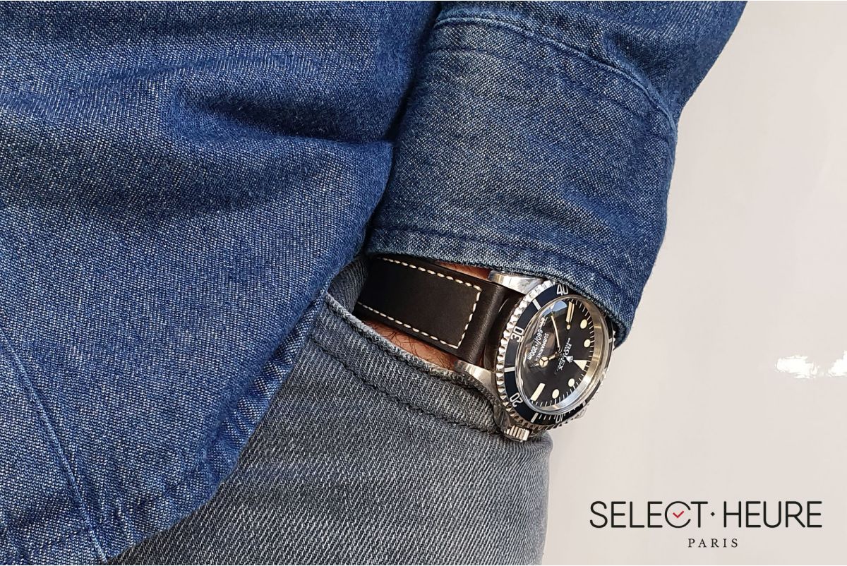 Mat Black French Baranil Calfskin SELECT-HEURE leather watch strap, off-white stitching, hand-made in France