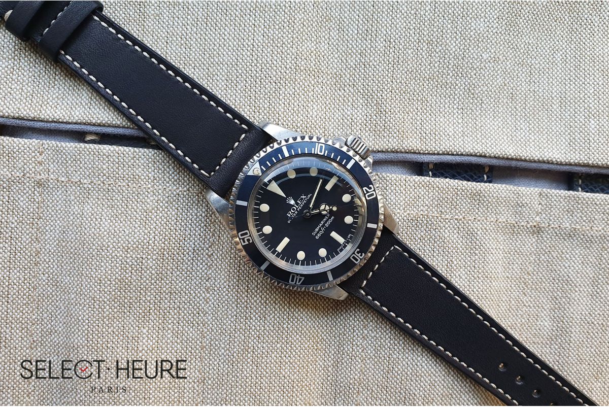Bracelet montre Veau Baranil SELECT-HEURE Noir Mat coutures écrues, fait main en France, cuir français