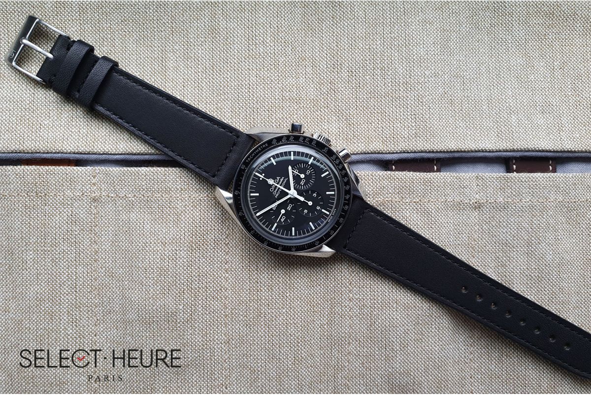 Bracelet montre Veau Baranil SELECT-HEURE Noir Mat coutures ton sur ton, fait main en France, cuir français