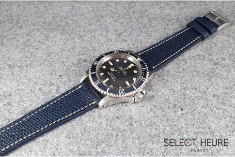 Dark Blue French Grained Calfskin SELECT-HEURE leather watch strap, off-white stitching, hand-made in France