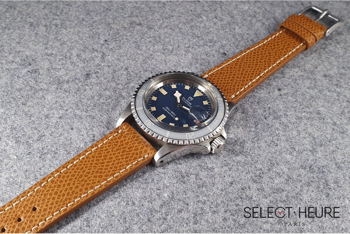 Gold Brown French Grained Calfskin SELECT-HEURE leather watch strap, off-white stitching, hand-made in France