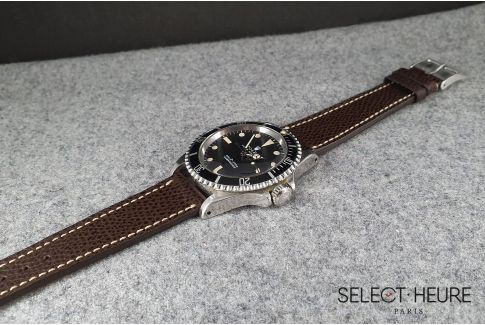 Dark Brown French Grained Calfskin SELECT-HEURE leather watch strap, off-white stitching, hand-made in France