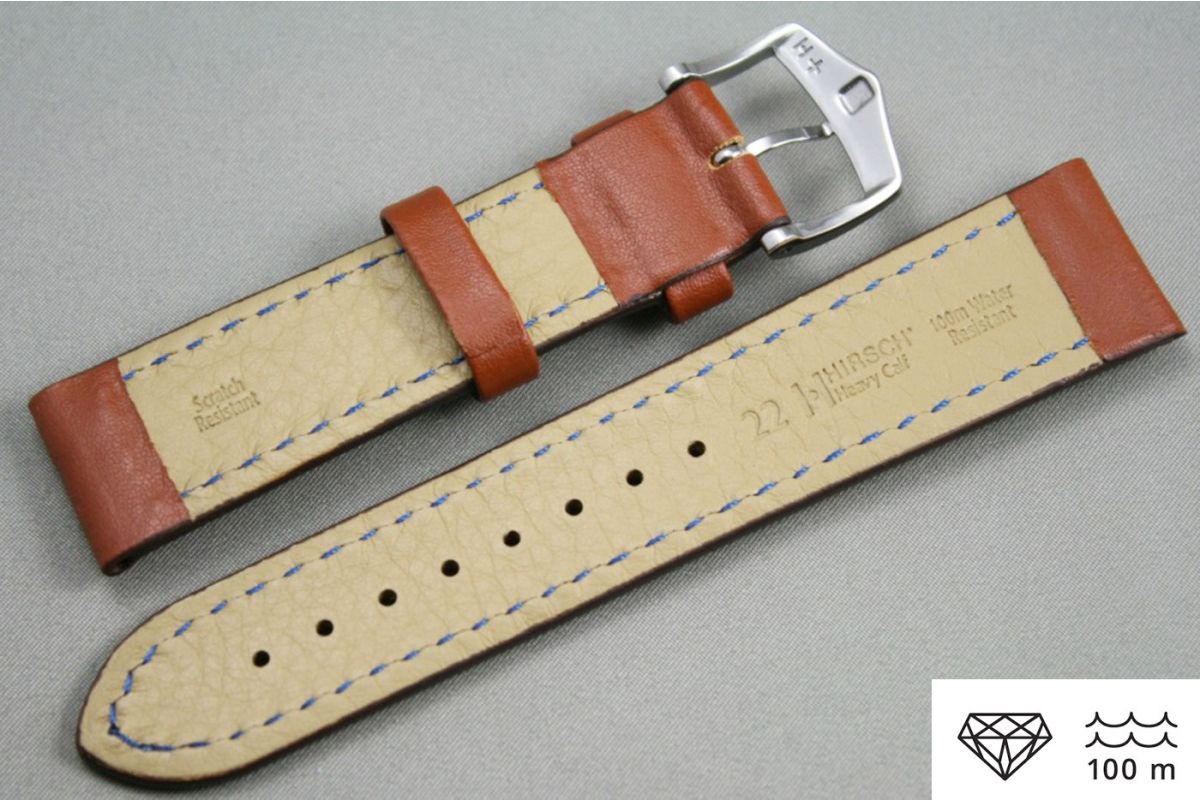 Bracelet montre HIRSCH Heavy Calf, cuir Marron Or surpiqué blanc (étanche)