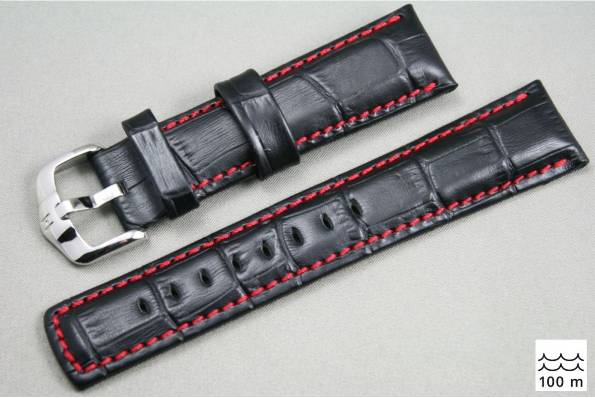 Bracelet montre HIRSCH Grand Duke, cuir Noir surpiqué Rouge (étanche)