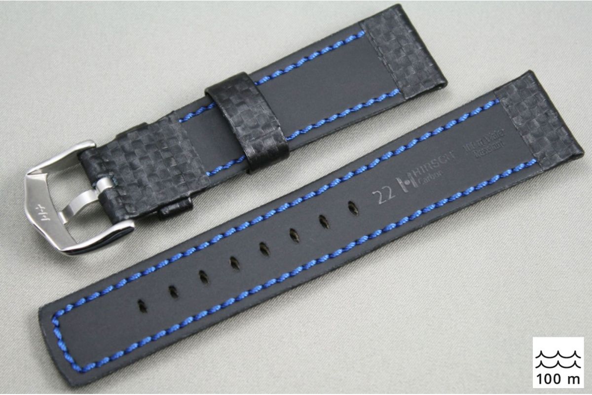Bracelet montre HIRSCH Carbon, cuir Noir couture Rouge (étanche)