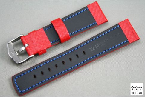 Bracelet montre HIRSCH Carbon, cuir Rouge couture Blanche (étanche)