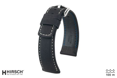 Bracelet montre HIRSCH Mariner cuir Noir couture Blanche (étanche)