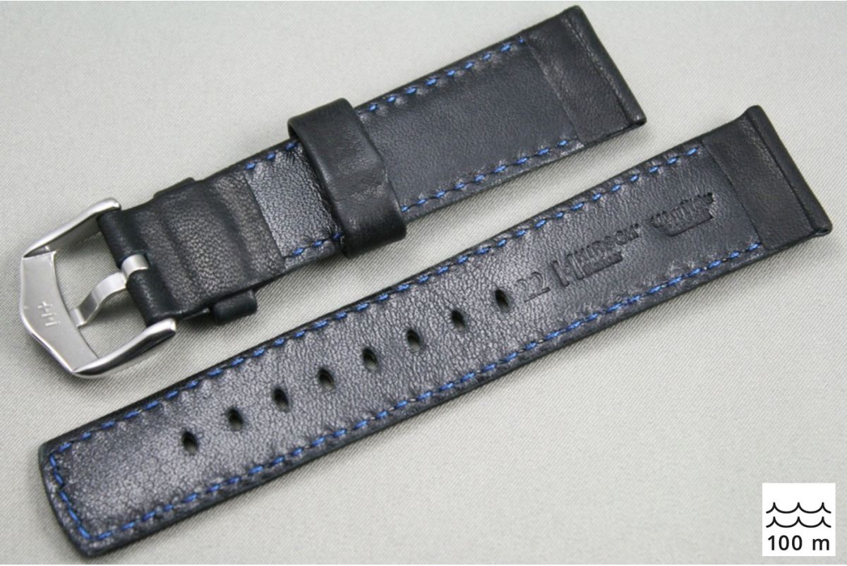 Bracelet montre HIRSCH Mariner cuir Noir couture Blanche (étanche)