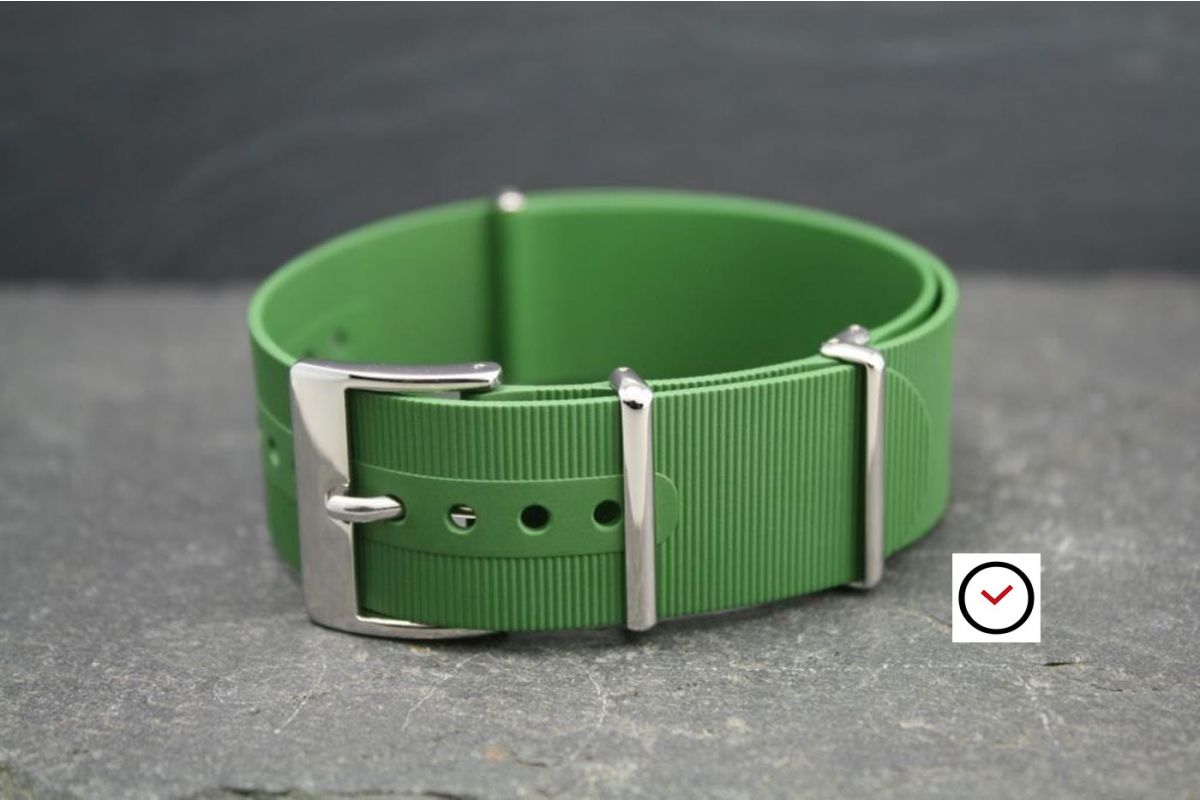 Kaki (Military / Army Green) rubber NATO watch strap, polished buckle and loops
