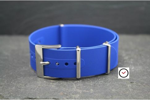Bracelet montre NATO caoutchouc Bleu Roi, boucle polie