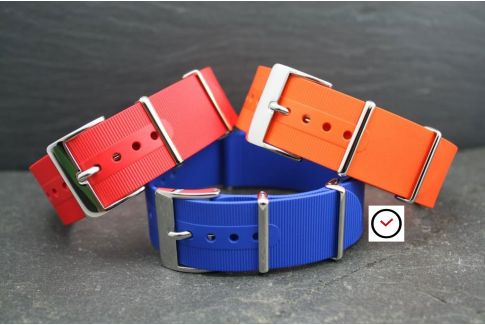 Orange rubber NATO watch strap, polished buckle and loops