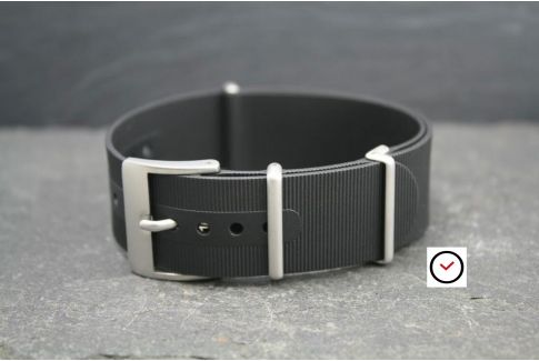 Black rubber NATO watch strap, brushed buckle and loops