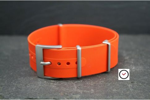Orange rubber NATO watch strap, brushed buckle and loops