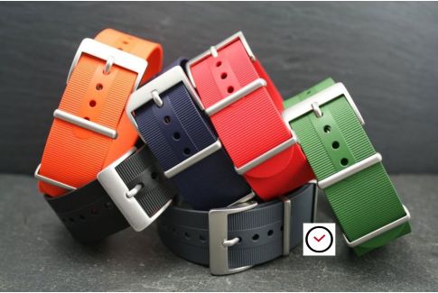 Orange rubber NATO watch strap, brushed buckle and loops