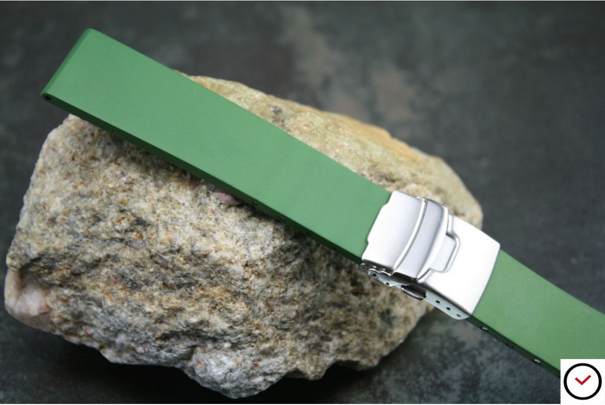 Kaki Green reversible natural rubber watch strap, stainless steel safety deployment clasp