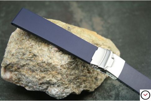 Bracelet montre réversible en caoutchouc naturel Bleu Nuit, boucle déployante acier inox avec sécurité