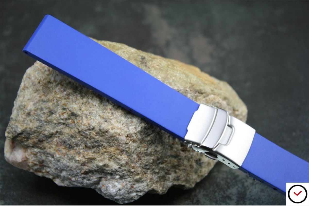 Royal Blue reversible natural rubber watch strap, stainless steel safety deployment clasp