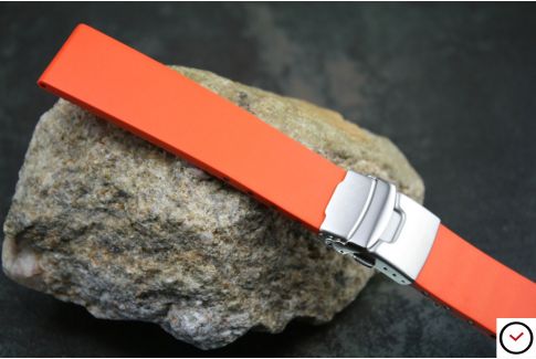 Bracelet montre réversible en caoutchouc naturel Orange, boucle déployante acier inox avec sécurité