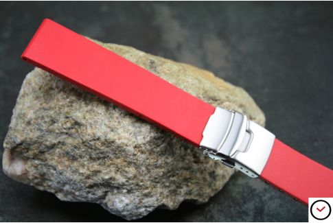 Red reversible natural rubber watch strap, stainless steel safety deployment clasp