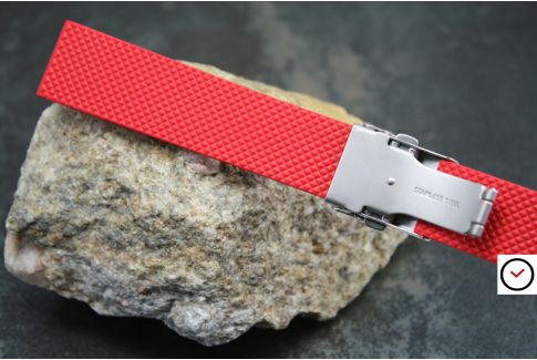 Red reversible natural rubber watch strap, stainless steel safety deployment clasp