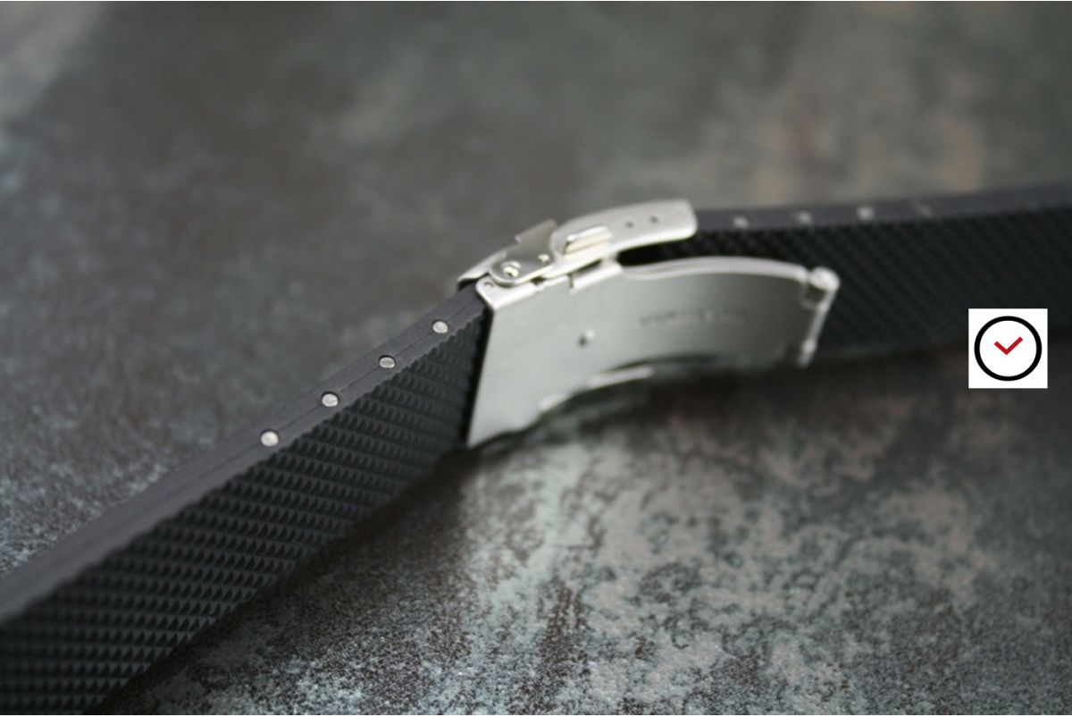 White reversible natural rubber watch strap, stainless steel safety deployment clasp