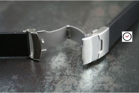 Grey reversible natural rubber watch strap, stainless steel safety deployment clasp