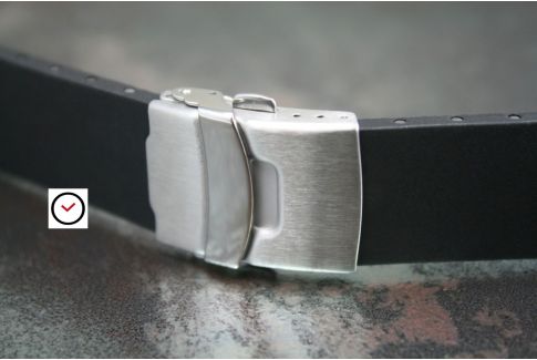 Black reversible natural rubber watch strap, stainless steel safety deployment clasp