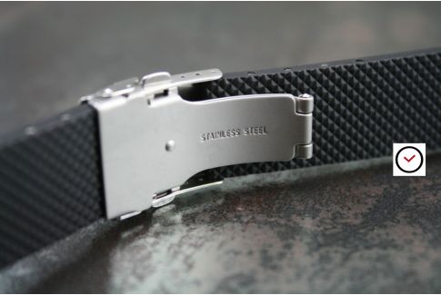 Black reversible natural rubber watch strap, stainless steel safety deployment clasp