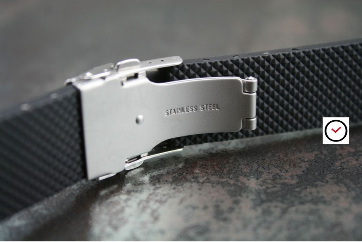 Bracelet montre réversible en caoutchouc naturel Noir, boucle déployante acier inox avec sécurité