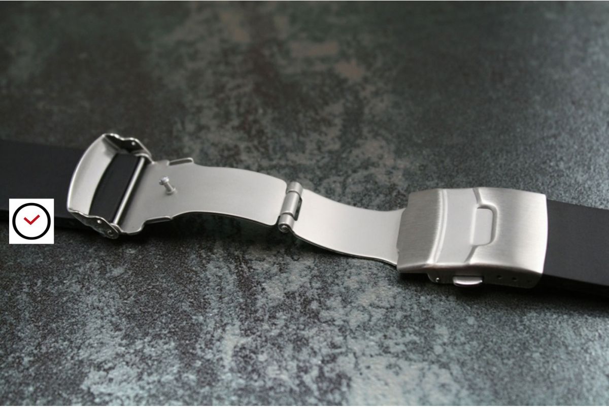 Bracelet montre réversible en caoutchouc naturel Noir, boucle déployante acier inox avec sécurité