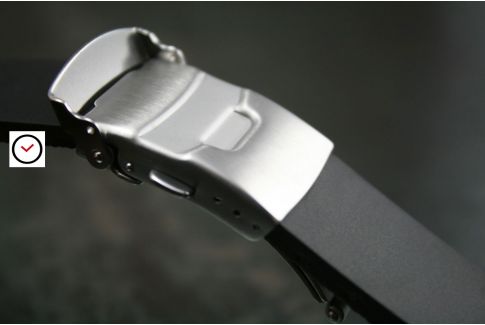 Raw/Carbon Black reversible natural rubber watch strap, stainless steel safety deployment clasp