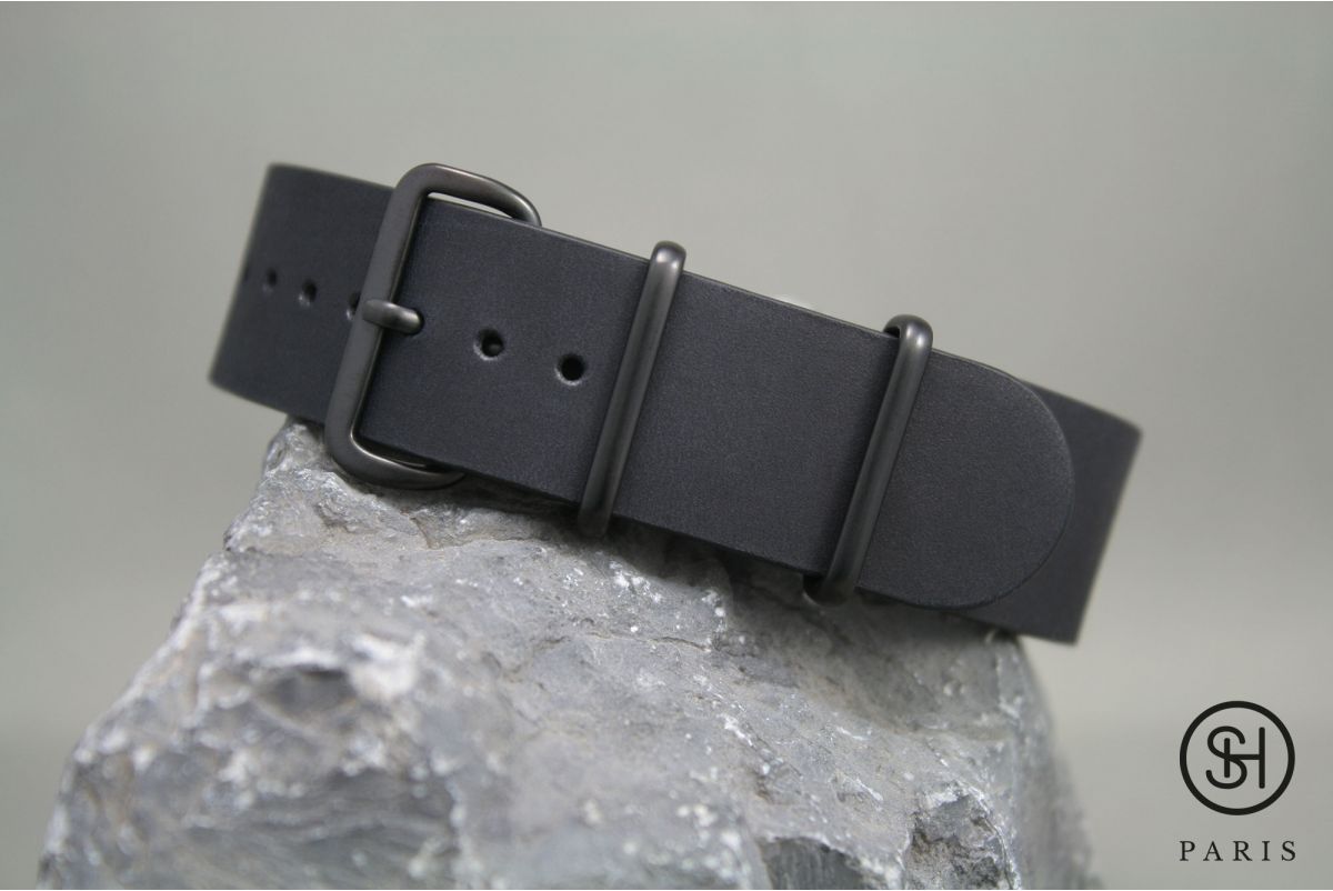 Mat Black SELECT-HEURE leather NATO watch strap, black PVD stainless steel buckle