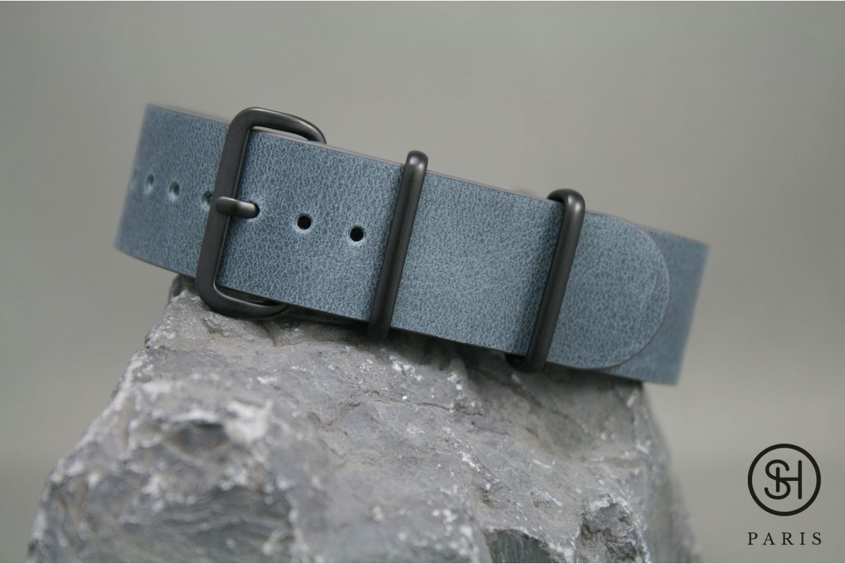Bracelet montre NATO cuir SELECT-HEURE Gris Bleu, boucle acier inox PVD noir