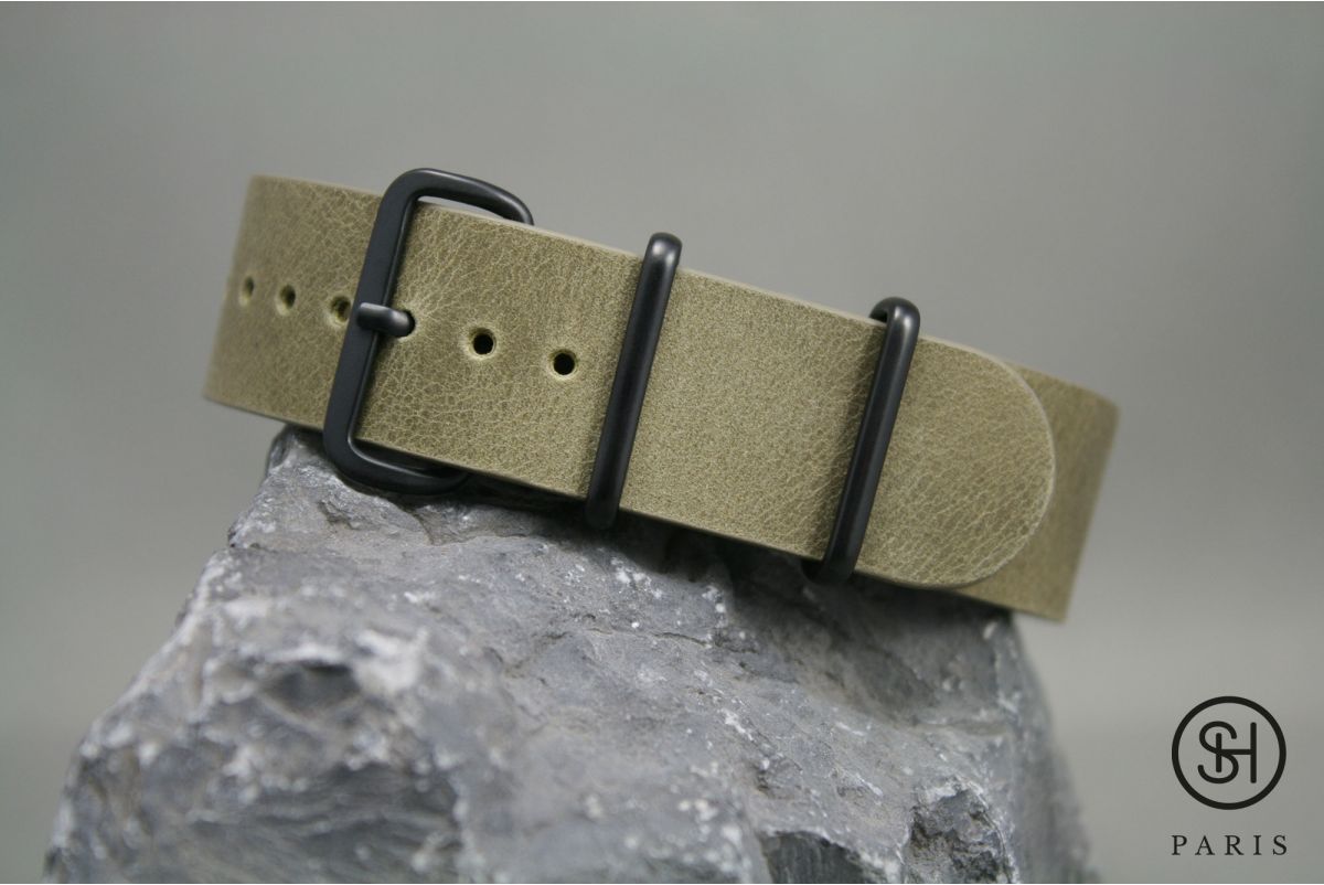 Bracelet montre NATO cuir SELECT-HEURE Olive, boucle acier inox PVD noir