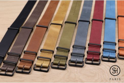 Olive Green SELECT-HEURE leather NATO watch strap, black PVD stainless steel buckle
